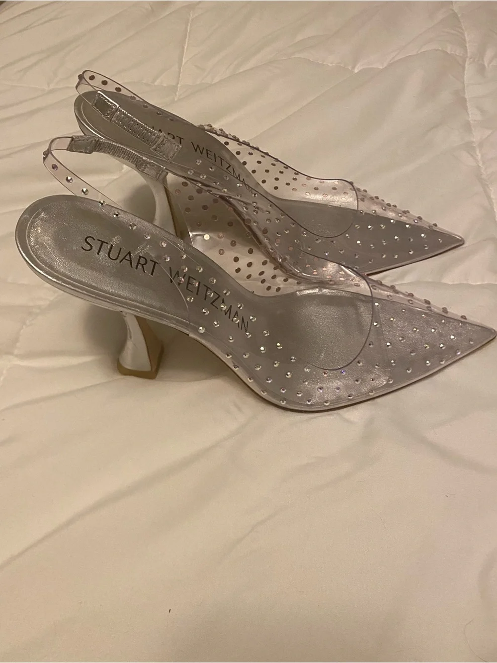 Stuart Weitzman Silver Pointed Slingback Heels with Crystal Studs - Picture 7 of 7
